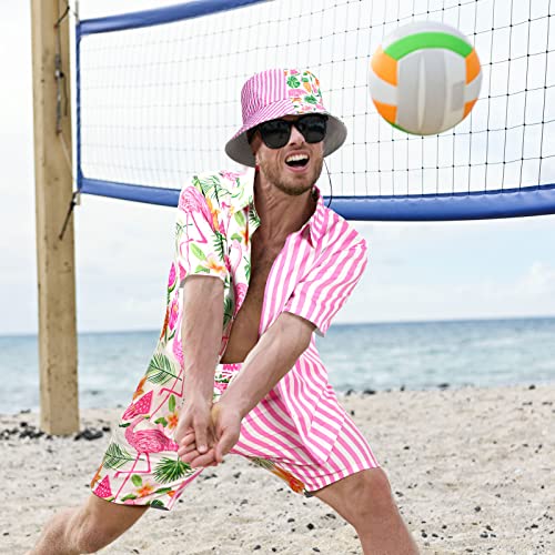 4Pcs Men's Hawaiian Shirt and Short Set Casual Button Down Summer Beach Flower Outfits with Bucket Hats and Sunglasses (Flamingo, M Size)