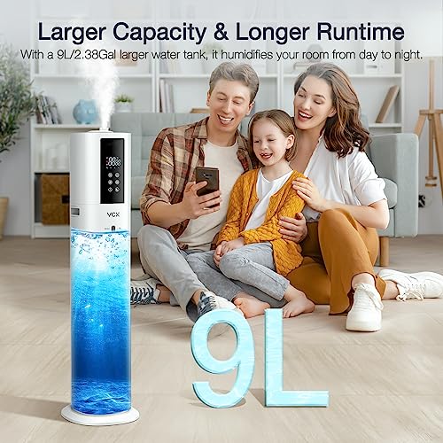 9L Humidifiers for Large Room,VCK Ultrasonic Cool Mist Top Fill Humidifier with Essential Oil Tray,3 Mist Speed,360°Nozzle,Timer, Customize humidity for Baby Adults Home School Office Plants