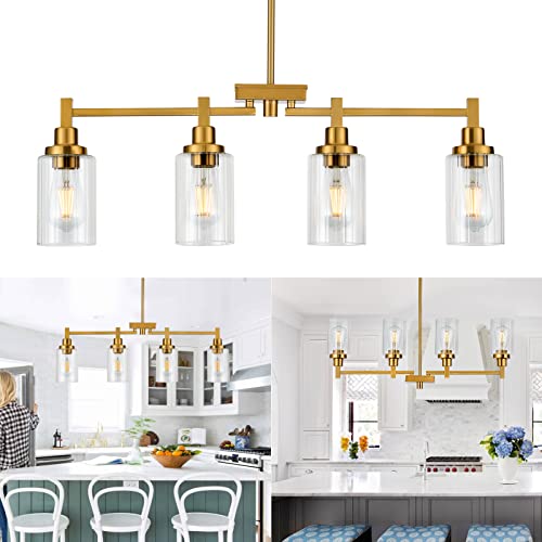 4-Lights Kitchen Island Lighting, Dining Room Chandelier Light Fixtures Over Table, Modern Linear Chandeliers with Fluted Clear Glass Shade Brushed Brass Ceiling Hanging for Living Room Bar Restaurant