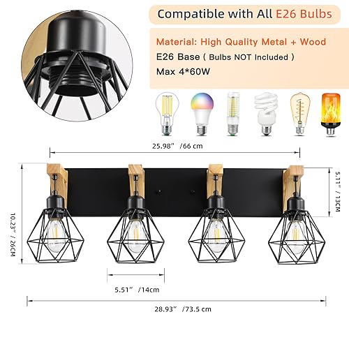 4-Light Farmhouse Vanity Light for Bathroom, Wood Bathroom Light Fixtures Over Mirror, Rustic Sconces Wall Lighting with Elegant Metal Lampshade for Living Room, Bedroom, Hallway