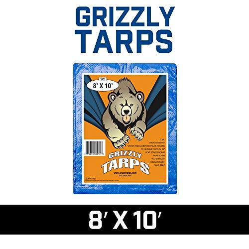 Grizzly Tarps by B-Air 8' x 10' Large Multi-Purpose Waterproof Heavy Duty Poly Tarp with Grommets Every 36", 8x8 Weave, 5 Mil Thick, for Home, Boats, Cars, Camping, Protective Cover, Blue
