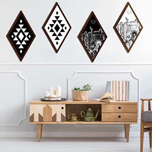 4 Pieces Aztec Wall Decor Farmhouse Home Wall Decor 11.8 x 6.7 inches Western Boho Wall Art Wooden Aztec Diamond Sign Cactus Wood Geometric Diamond Frame Wall Hanging for Bedroom Living Room (Cactus)