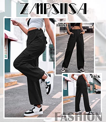 ZMPSIISA Women High Waisted Cargo Pants Wide Leg Casual Pants 6 Pockets Combat Military Trousers(Black,Small)