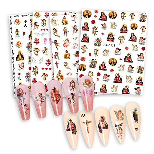 Dornail 12 Sheets Virgin Mary Nail Art Stickers, Christian Jesus San Judas Nail Stickers 3D Self-Adhesive Nail Design Baby Angel Wings Nail Decals for Women DIY Nail Decorations for Nail Art Supplies