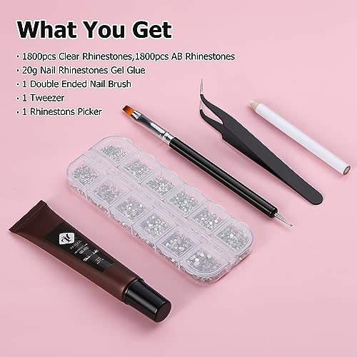 TEOYALL Nail Rhinestones Kit, 3600 PCS Flat Back Glass Crystal Gems, Nail Gel Glue 20g, Nail Brush Picker Tweezer for Nail Art Design Home Salon Uses (AB+Transparent)