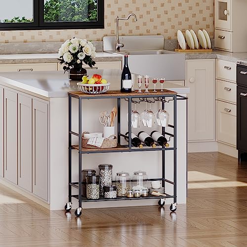 HOOBRO Bar Cart for The Home, 29.5 inches 3-Tier Serving Cart with Wheels, Rolling Kitchen Cart with Wine Rack and Glass Holder for Living Room, Party, Bar, Rustic Brown and Black BF21TC01