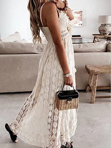 CUPSHE Womens Sleeveless V-Neck Tassel Ruching Dress Lace Up Smocking Ruffle Maxi Dress, X-Small, Beige