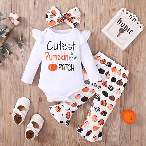 Detigee Newborn Girl First Halloween Outfit Thanksgiving Clothes Cutest Pumpkin in The Patch Girl Outfit (White,0-3 Months)