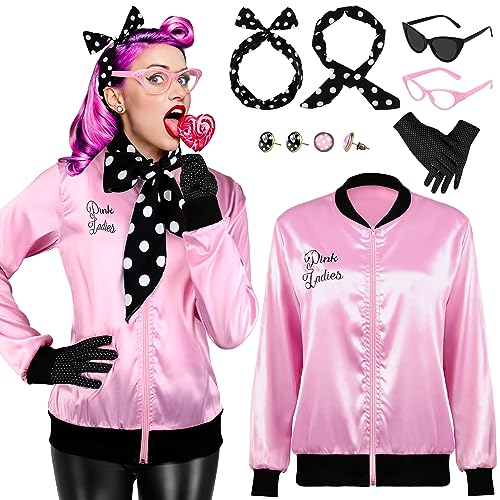 AOTHSO 1950s Pink Satin Jacket with Polka Dot Scarf Headband Earrings Glasses Halloween Cosplay Costume for Women, 8 Pieces