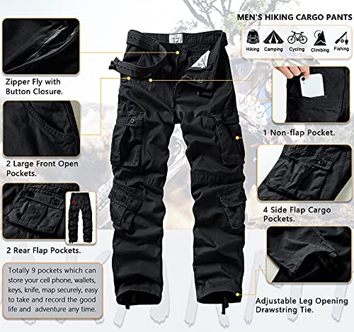 AKARMY Men's Casual Relaxed Fit Cargo Pants with Pockets, Outdoor Camo Cotton Work Pants for Men(No Belt) 3354 Black 34