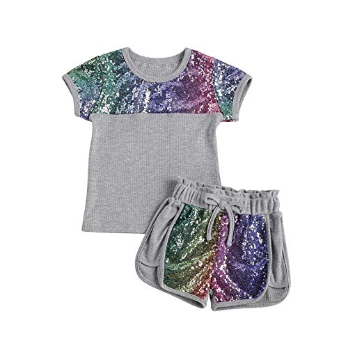 Nie Cuimeiwan Toddler Baby Girl Summer Clothes Sequins Pocket Top T-Shirts Shorts Set Mamas Little Cowgirl Outfit (Style-A Grey, 3-4T)