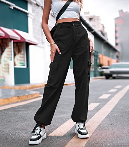 ZMPSIISA Women High Waisted Cargo Pants Wide Leg Casual Pants 6 Pockets Combat Military Trousers(Black,Small)