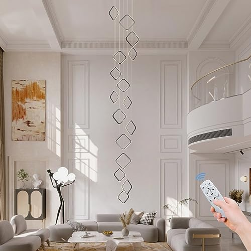 Modern Led Chandelier Adjustable Black Chandelier Dimmable with Remote Control 16 Rings Black Pendant Light Adjustable Height Hanging Ceiling Light Fixture,for Staircase Foyer High Ceiling Living Room