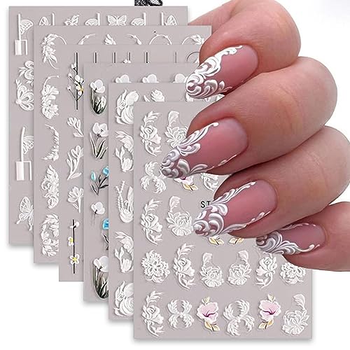 6 Sheets Embossed Flower Nail Art Stickers Decals Exquisite White Flower 5D Self-Adhesive Nail Art Supplies Yellow Pink Blue Lace Floral Nail Art Design Decoration Accessories for Women Manicure DIY