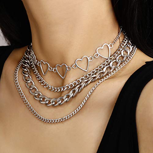 Aimimier Punk Link Chain Choker Necklace Set 4Pcs Hollow Heart Choker Hiphop Chunky Chain for Women and Girls