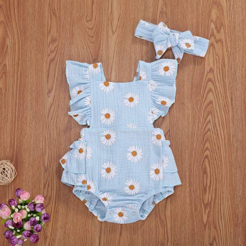 Baby Girls Daisy Playsuits Ruffled Bodysuit+Headband Print Fly Sleeve Romper Floral Jumpsuit Infant Summer Clothes (Blue,6-12 Months)