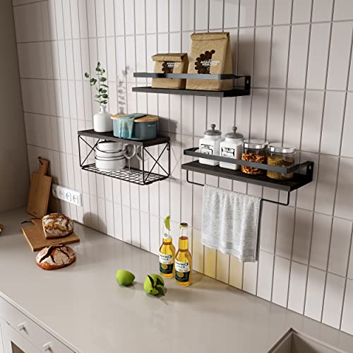 Hoiicco Bathroom Shelves with Wire Storage Basket, Floating Shelves Over Toilet with Protective Metal Guardrail, Wall Shelves for Bedroom, Living Room, Kitchen and Bathroom Toilet Paper