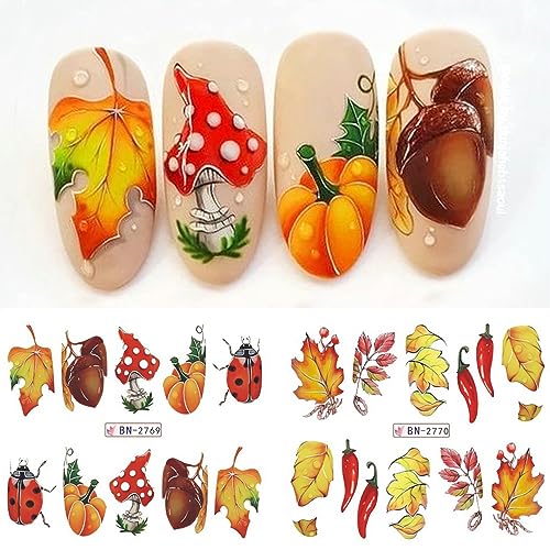 12 Sheets Fall Nail Art Stickers Decals Maple Leaf Pumpkin Pinecone Design Water Transfer Nail Foils Decals Autumn Nail Art Decorations Thanksgiving Day Acrylic Slider Watermark Nail Decals for Women