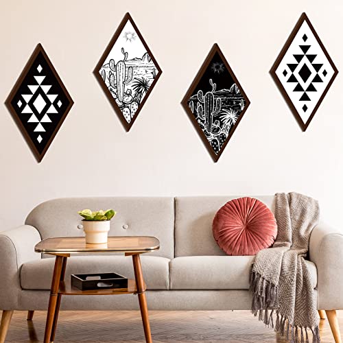 4 Pieces Aztec Wall Decor Farmhouse Home Wall Decor 11.8 x 6.7 inches Western Boho Wall Art Wooden Aztec Diamond Sign Cactus Wood Geometric Diamond Frame Wall Hanging for Bedroom Living Room (Cactus)