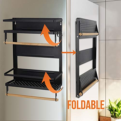 Jolitac Magnetic Fridge Spice Rack- Space Saving Organizer Black Shelf on Refrigerator, Kitchen Paper Towel Holder, Foldable Design (Black-Large)