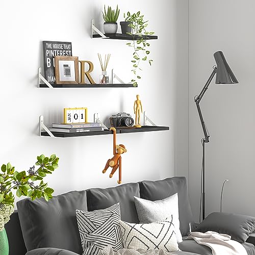 YGEOMER Floating Shelves, Rustic Wood Shelves, 4 Sets of Wall Mounted Shelf for Bathroom Decor, Bedroom, Living Room and Plants (Black and White Bracket)