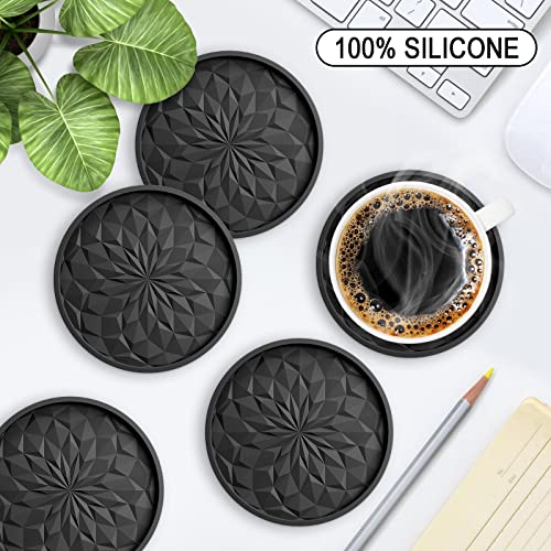 Silicone Coasters [6 Pack] ME.FAN Coasters with Holder - Drinking Cup Mat - Live for Hot or Cold Drink Thickened, Non-Slip, Non-Stick, Deep Tray Black