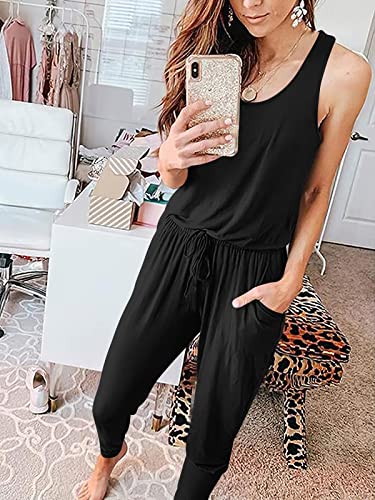 ANRABESS Women's Causal Tank Jumpsuits Sleeveless Drawstring Elastic Waist Loose Summer Romper Outfits with Pockets A208heise-S