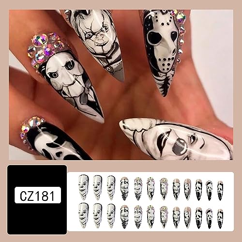 24Pcs Halloween Press on Nails Pointed Long Length, Acrylic False Nails with Ghost Clown Designs, Artificial Fake Nails for Day of The Dead, Holiday Fingernails False Glue Nails for Women