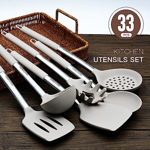 Kitchen Utensils Set-Silicone Cooking Utensils-32pcs Non-Stick Silicone Cooking Kitchen Utensils Spatula Set with Holder-Best Kitchen Cookware with Stainless Steel Handle (Khaki)