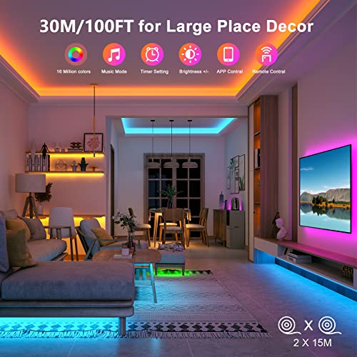 Bonve Pet 130ft Led Lights for Bedroom,Music Sync Color Changing LED Lights with Remote and App Control 5050 RGB LED Strip Lights, LED Lights for Room Home Party Christmas Decoration(2 Rolls of 65ft)