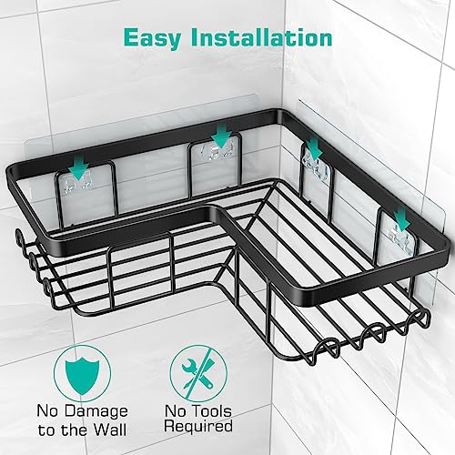 YASONIC Corner Adhesive Shower Caddy, with Soap Holder and 12 Hooks, Rustproof Stainless Steel Bathroom Organizer, No Drilling Wall Mounted Rack, Black, 3-Pack