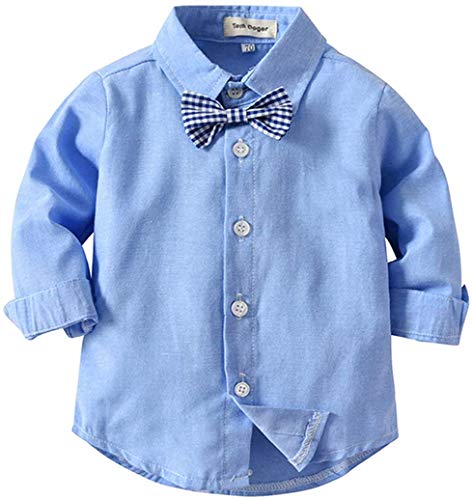 SALNIER Toddler Dress Suit Baby Boys Clothes Sets Bowtie Shirts + Suspenders Pants 3pcs Gentleman Outfits Suits 6 Month - 6 Years (Blue005 12-18M)