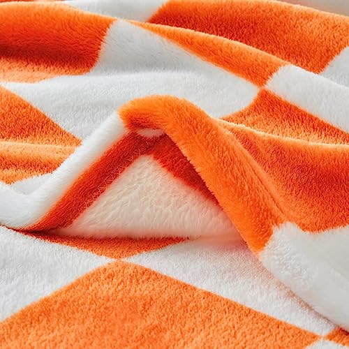 BEDELITE Checkered Throw Blanket for Couch and Bed, Luxurious Decorative Fleece Blanket with Checkerboard Grid Home Decor, Soft and Cozy Orange and White Fall Throw Blanket, 50"x60"