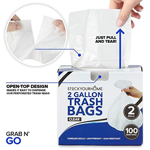 Stock Your Home Clear 2 Gallon Trash Bag (100 Pack) Un-Scented Small Garbage Bags for Bathroom Can, Mini Waste Basket Liner, Plastic Liners for Office Trashcan and Dog Poop, Bulk Household Supplies