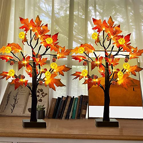 TURNMEON [ 2 Pack & Timer 24 Inch Lighted Maple Tree Fall Decor, Total 48 LED Battery Operated Tabletop Artificial Tree Design Patent Pumpkin & Acorn Thanksgiving Halloween Decoration Home Indoor