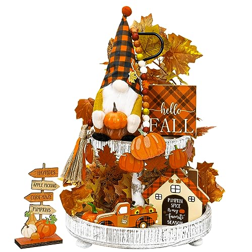 12 PCS Fall Decorations for Home, Fall Tiered Tray Decor, Rustic Farmhouse Autumn Wooden Signs Plush Gnome Bead Garland Pumpkins Maple Leaves Banner Hello Fall Ornament for Harvest Table Centerpieces