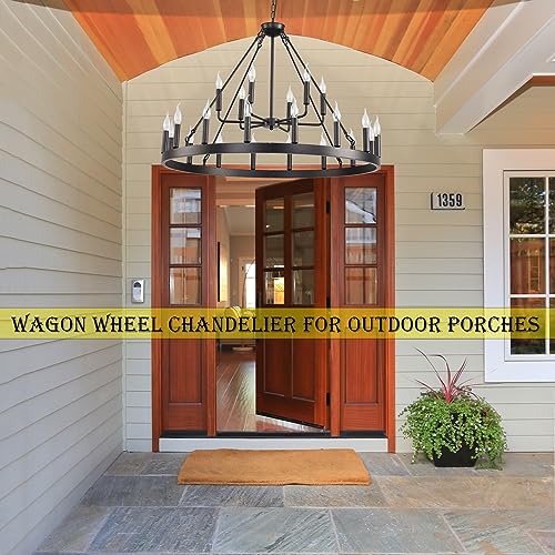 Black Wagon Wheel Chandelier Farmhouse 40 Inch 22-Lights Black Round Rustic Hanging Lighting Pendant Light Fixture for living room high ceiling outdoor wheel chandelier for porch foyer dining room