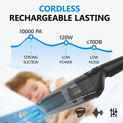 Cordless Handheld Vacuum Cleaner, Car Vacuum Cordless Rechargeable with 20 Mins Runtime, Powerful Lightweight Hand Held Vacuum with 10000 Pa Strong Suction for Mini Vacuum for Pet, Car, Home（Blue）