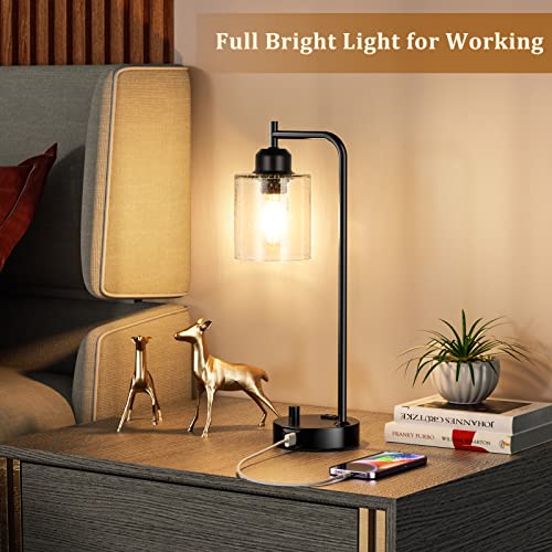 Industrial Bedside Table Lamp for Bedroom - Nightstand Lamps with USB C Charging Port, Fully Dimmable Black Lamps with USB Ports and Outlets, Small Desk Lamp with Glass Shade for Office Living Room