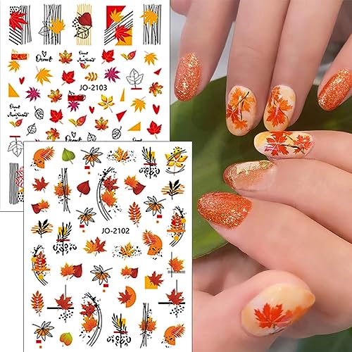 8 Sheets Fall Nail Art Stickers Decals,3D Fall Maple Leaf Nail Decals Self-Adhesive Nail Art Supplies Maple Leaves Mushroom Nail Designs Stickers Thanksgiving Day Decorations for Women DIY Nail Art