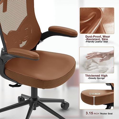 𝑯𝑶𝑴𝑬 𝑶𝑭𝑭𝑰𝑪𝑬 𝑪𝑯𝑨𝑰𝑹, Ergonomic Mesh Desk Chair, High Back Computer Chair- Adjustable Headrest with Flip-Up Arms, Lumbar Support, Swivel Executive Task Chair (Mummy Brown, Modern)