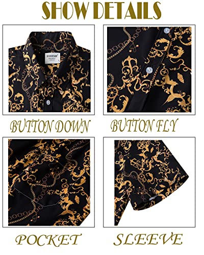 fohemr Mens Luxury Outfit Set Black Gold Shirts and Shorts 2 Piece Chain Print Set Baroque Button Down Suit with Bucket Hats 4X-Large