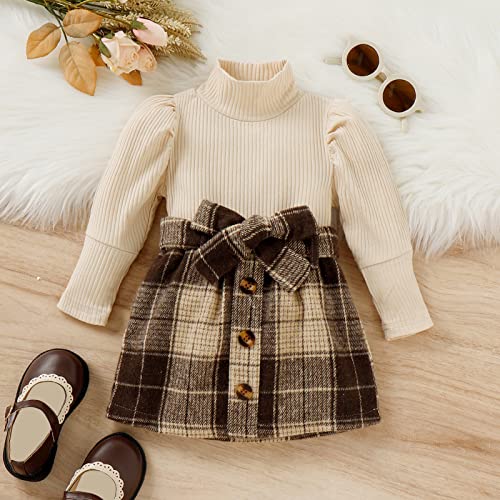 Fernvia Toddler Baby Girl Fall Winter Skirt Set Turtleneck Ribbed Long Sleeve T-Shirt Top & Plaid Skirts Dress 2Pcs Outfits (J Beige, 12-18 Months)