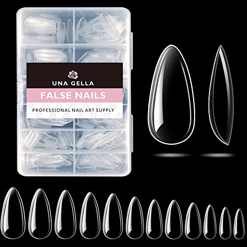 UNA GELLA Almond Fake Nails 504pcs - Medium Almond Press on Nails Clear Almond Gel Nails Tips for Full Cover Acrylic Almond Nails False Nails For Nail Extension Nail Art, Home DIY Nail Salon 12 Sizes Gelly Tips