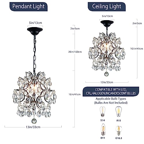 Bestier Black Modern Pendant Chandelier Crystal Raindrop Lighting Ceiling Light Fixture Lamp for Dining Room Bathroom Bedroom Livingroom entryway 1 E26 Bulbs Required D13 in x H16 in