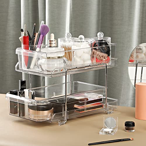 2 Set, 2 Tier Large (8.5" Wide) Clear Organizer with Dividers, MultiUse Slide-Out Storage Container - Kitchen, Pantry, Medicine Cabinet Storage Bins, Bathroom, Vanity Counter, Under Sink Organizing