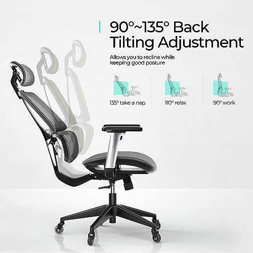 LINSY HOME High-Back Office Chair, Swivel Ergonomic Task Chair with Adjustable Headrest and Arms, Lumbar Support and PU Wheels, Computer Mesh Chair for Home Office, Dark Grey