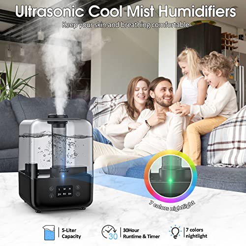 Humidifiers for Bedroom, Ultrasonic 5L Top Fill Humidifiers for Large Room Baby Home with 360° Rotation Nozzle, 3 Mist Levels, Auto Shut-Off, Timer, Essential Oil Diffuser, 30H Work Time, Super Quiet