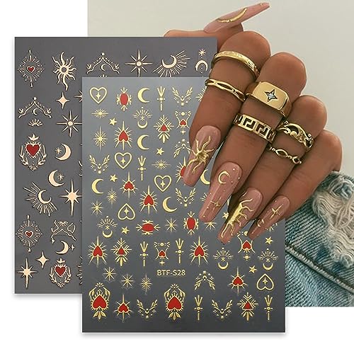 8 Sheets Gold Sun Star Nail Art Stickers Bronzing Moon Nail Decals 3D Self-Adhesive Red Heart Nail Stickers Exquisite Glitter Rose Gold Silver Star Moon Design Women Girls for DIY Nail Decorations 