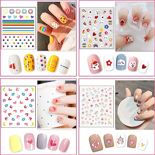 24 Sheets Nail Stickers for Kids, Cute Nail Art Decals for Little Girls, 3D Self-Adhesive Flowers Fruits Leaves Rainbow Hearts Mermaid Snow Nail Decoration for Women, DIY Manicure Supplies Accessories